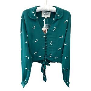 THE SEAMSTRESS OF BLOOMSBURY | 1940s Blouse Green Dog Print Tie Front NWT | 12